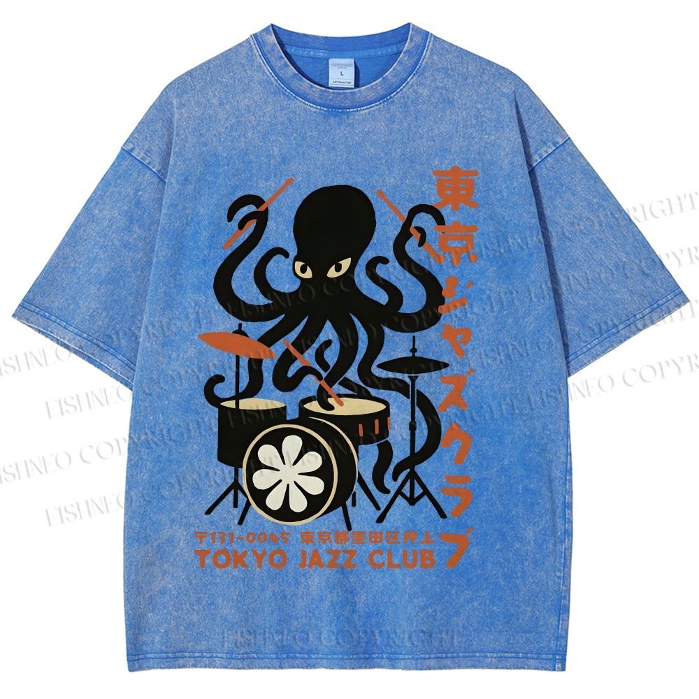Unisex Octopus Tokyo Jazz Club Printed Washed Tee