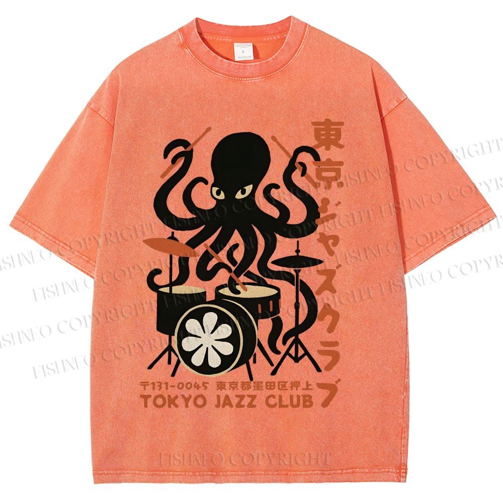 Unisex Octopus Tokyo Jazz Club Printed Washed Tee