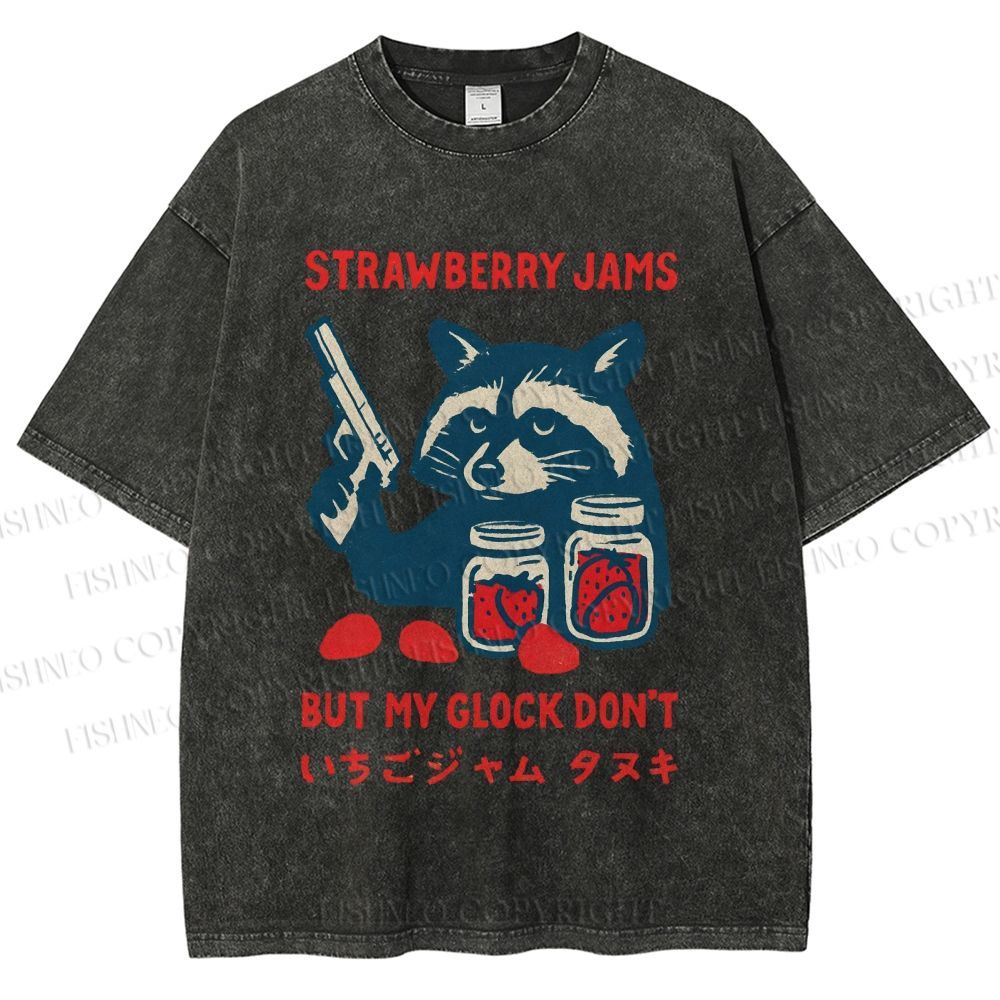 Unisex Strawberry Jams But My Glock Dont Trash Raccoon Printed Washed Tee
