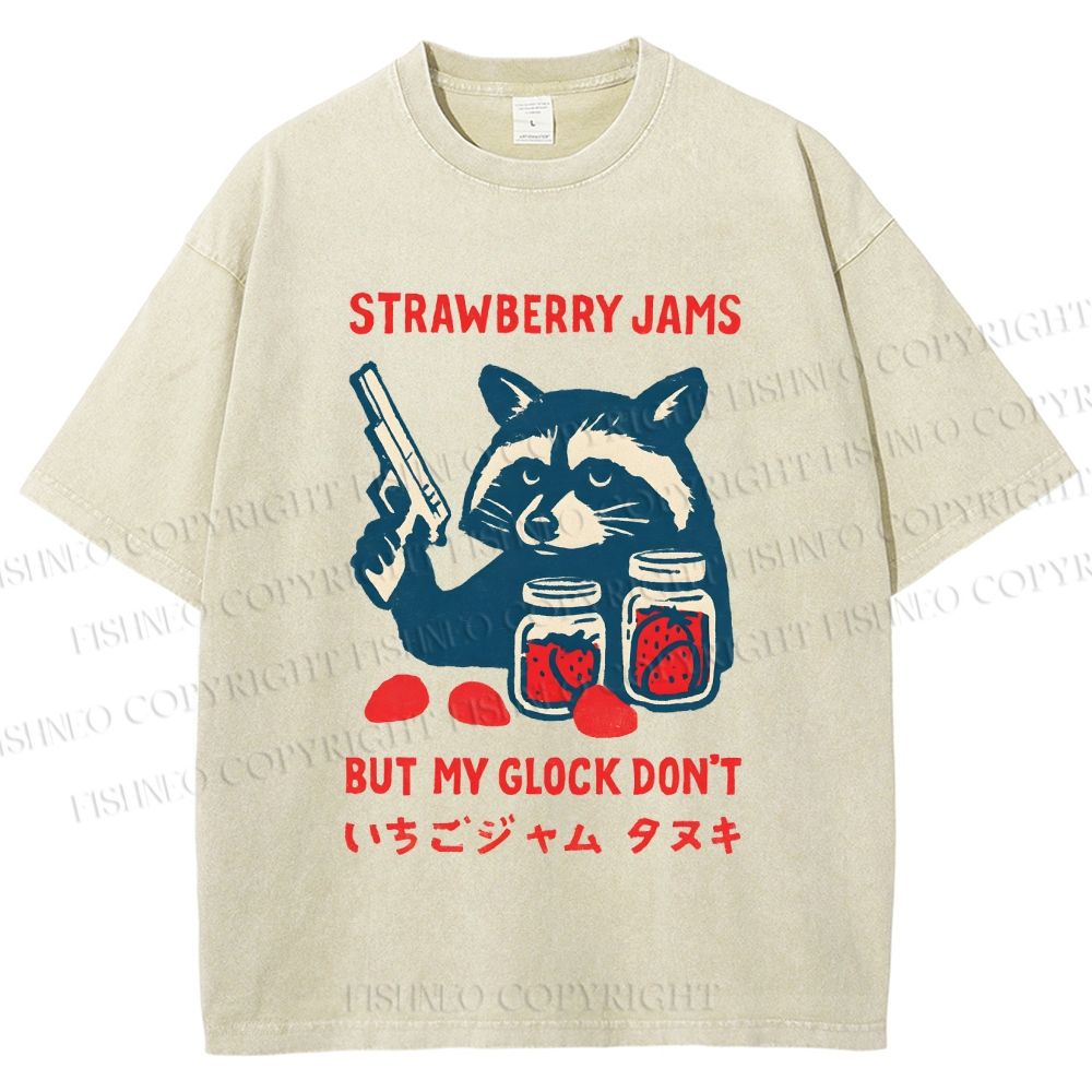 Unisex Strawberry Jams But My Glock Dont Trash Raccoon Printed Washed Tee