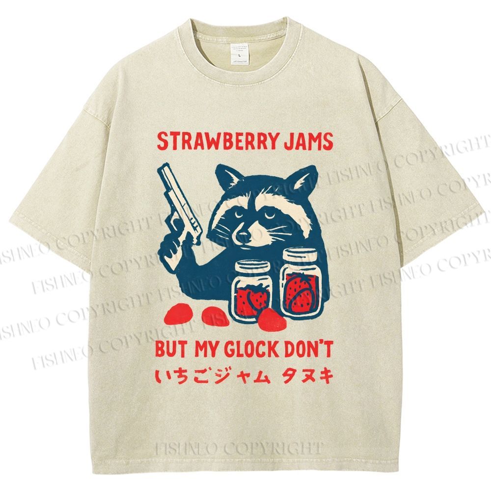 Unisex Strawberry Jams But My Glock Dont Trash Raccoon Printed Washed Tee