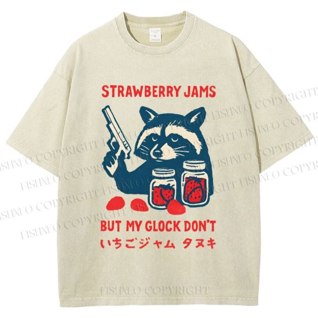 Unisex Strawberry Jams But My Glock Dont Trash Raccoon Printed Washed Tee