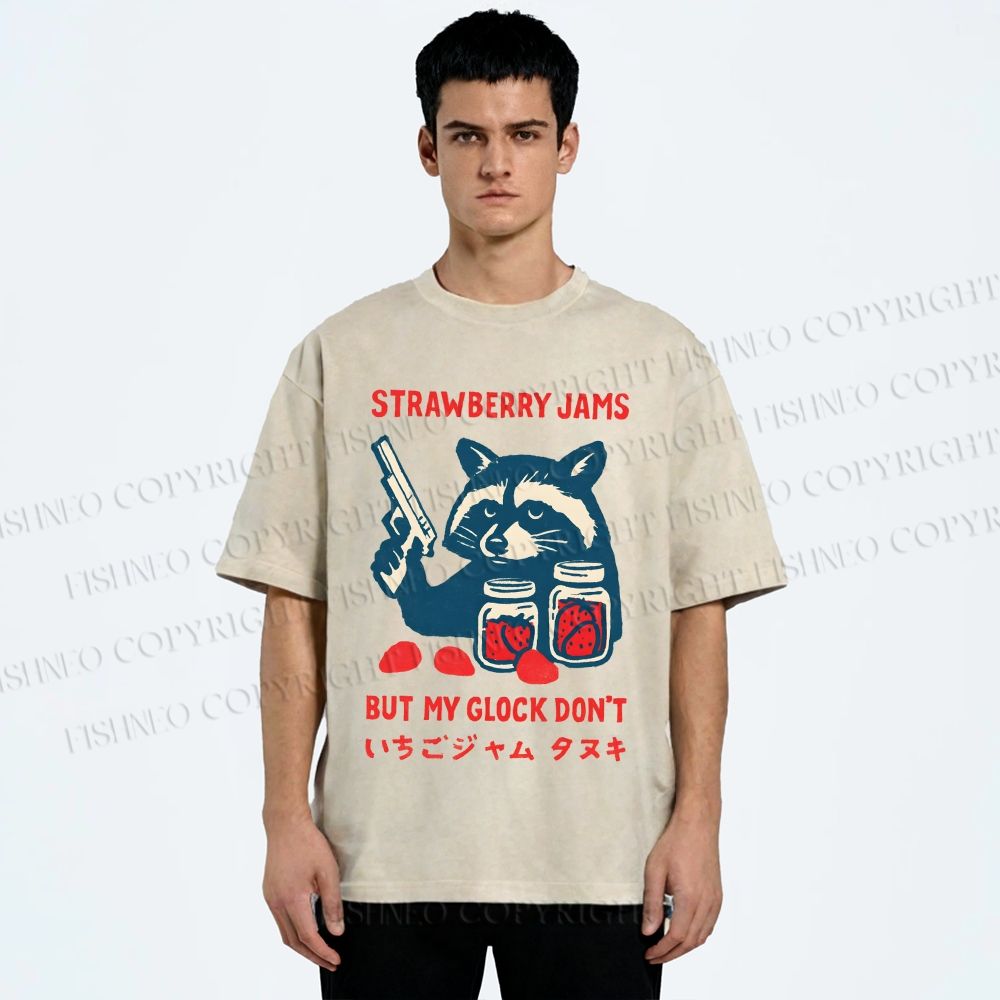 Unisex Strawberry Jams But My Glock Dont Trash Raccoon Printed Washed Tee