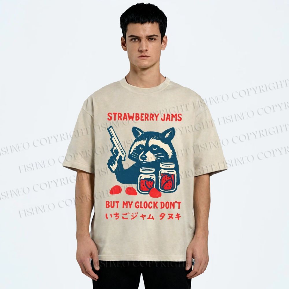 Unisex Strawberry Jams But My Glock Dont Trash Raccoon Printed Washed Tee