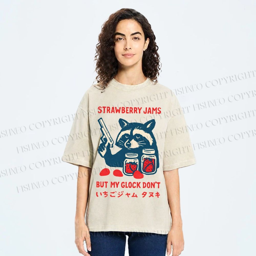 Unisex Strawberry Jams But My Glock Dont Trash Raccoon Printed Washed Tee