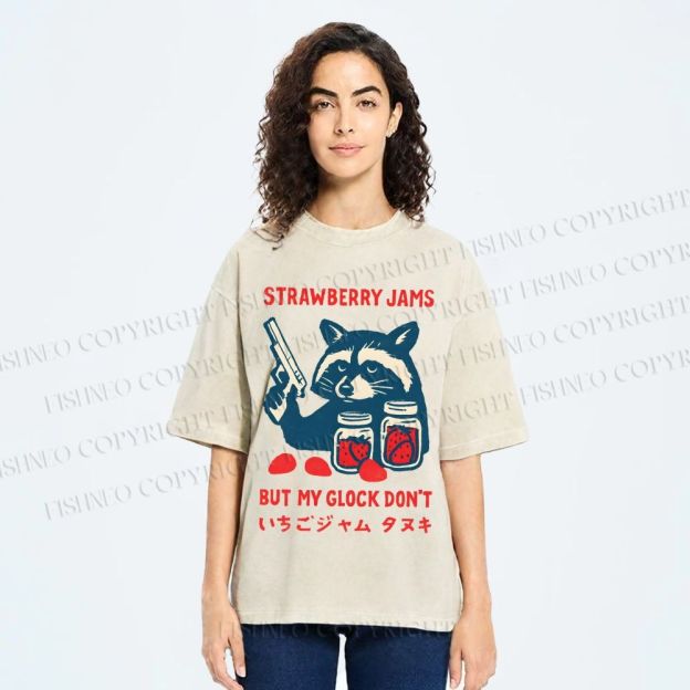 Unisex Strawberry Jams But My Glock Dont Trash Raccoon Printed Washed Tee