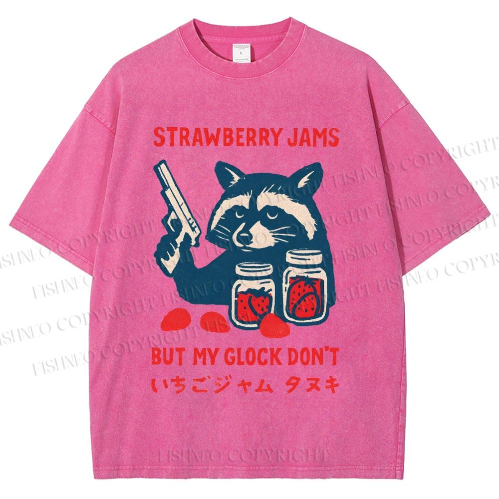 Unisex Strawberry Jams But My Glock Dont Trash Raccoon Printed Washed Tee