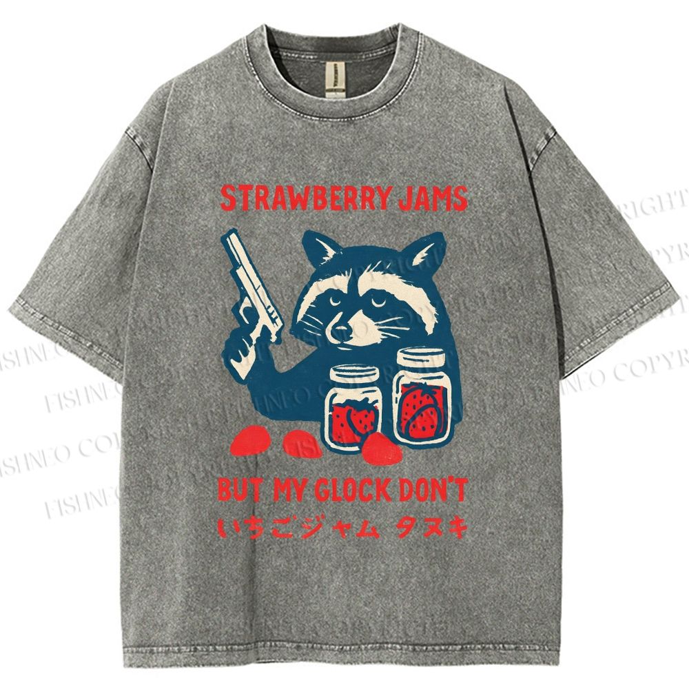 Unisex Strawberry Jams But My Glock Dont Trash Raccoon Printed Washed Tee