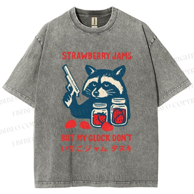 Unisex Strawberry Jams But My Glock Dont Trash Raccoon Printed Washed Tee