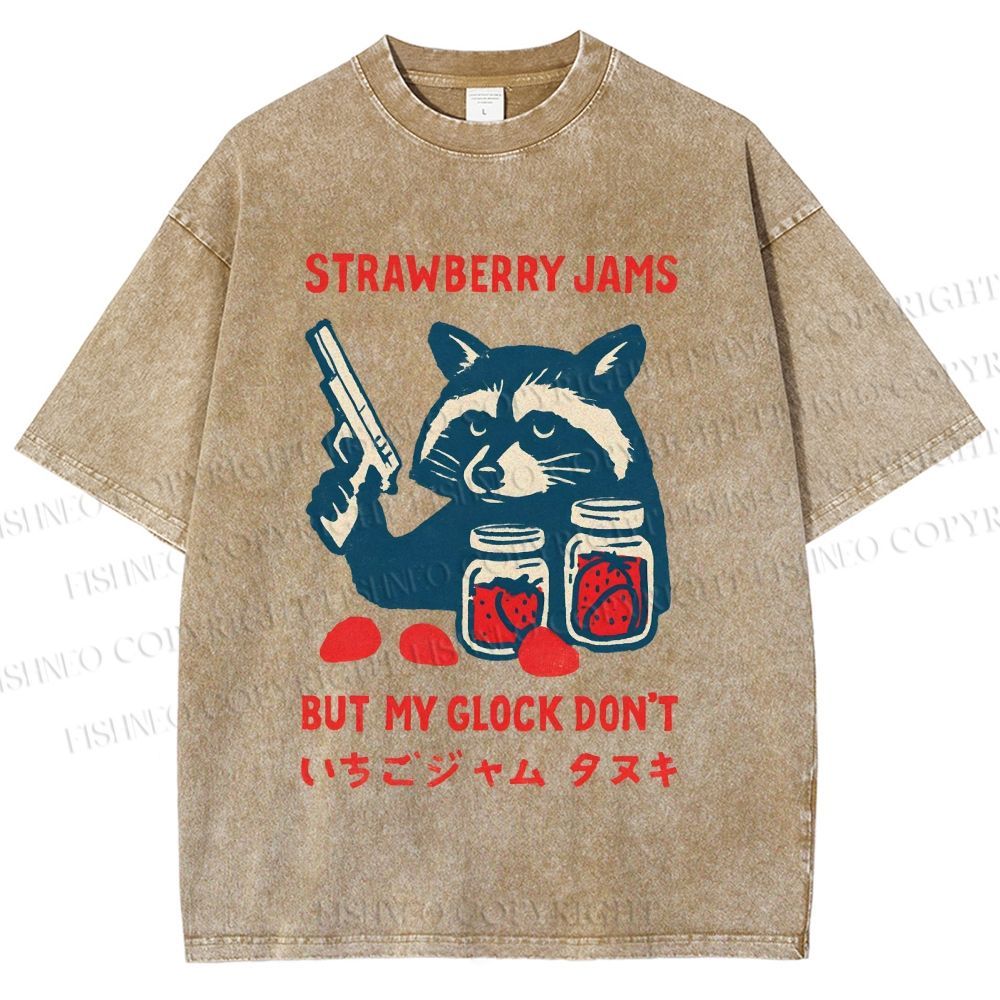 Unisex Strawberry Jams But My Glock Dont Trash Raccoon Printed Washed Tee