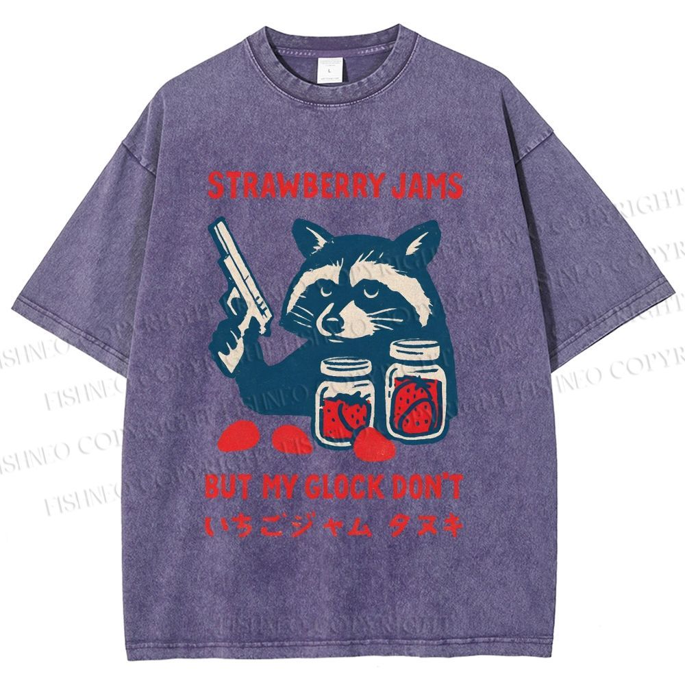 Unisex Strawberry Jams But My Glock Dont Trash Raccoon Printed Washed Tee