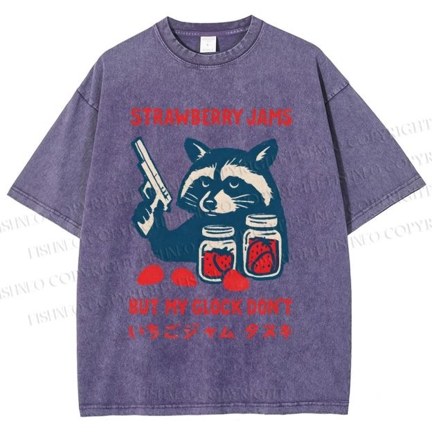 Unisex Strawberry Jams But My Glock Dont Trash Raccoon Printed Washed Tee