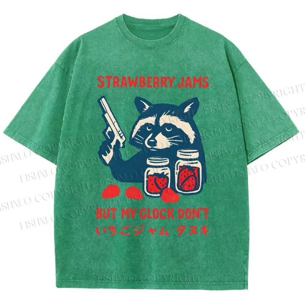 Unisex Strawberry Jams But My Glock Dont Trash Raccoon Printed Washed Tee
