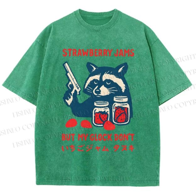 Unisex Strawberry Jams But My Glock Dont Trash Raccoon Printed Washed Tee