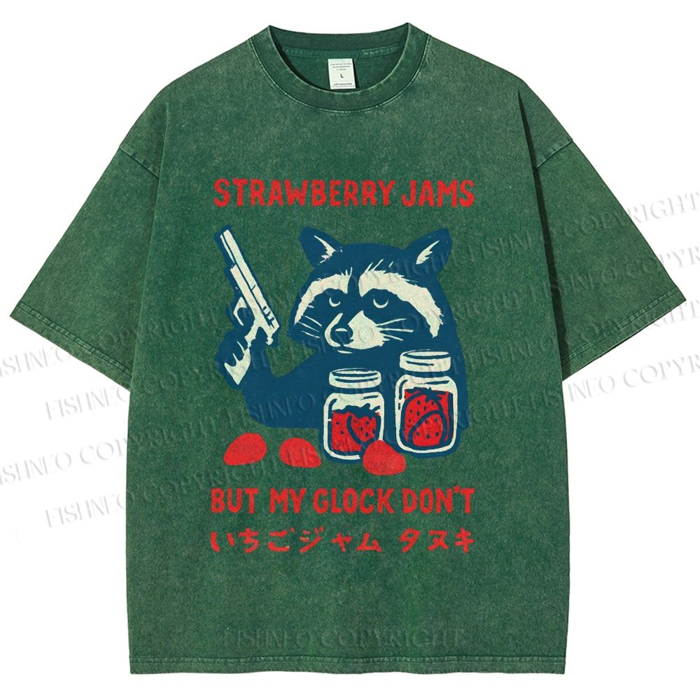 Unisex Strawberry Jams But My Glock Dont Trash Raccoon Printed Washed Tee
