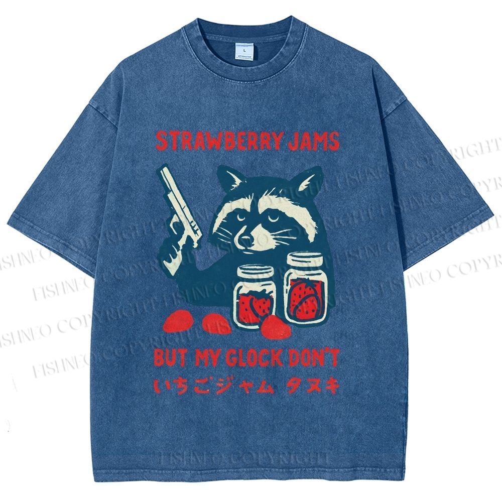 Unisex Strawberry Jams But My Glock Dont Trash Raccoon Printed Washed Tee