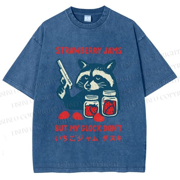 Unisex Strawberry Jams But My Glock Dont Trash Raccoon Printed Washed Tee