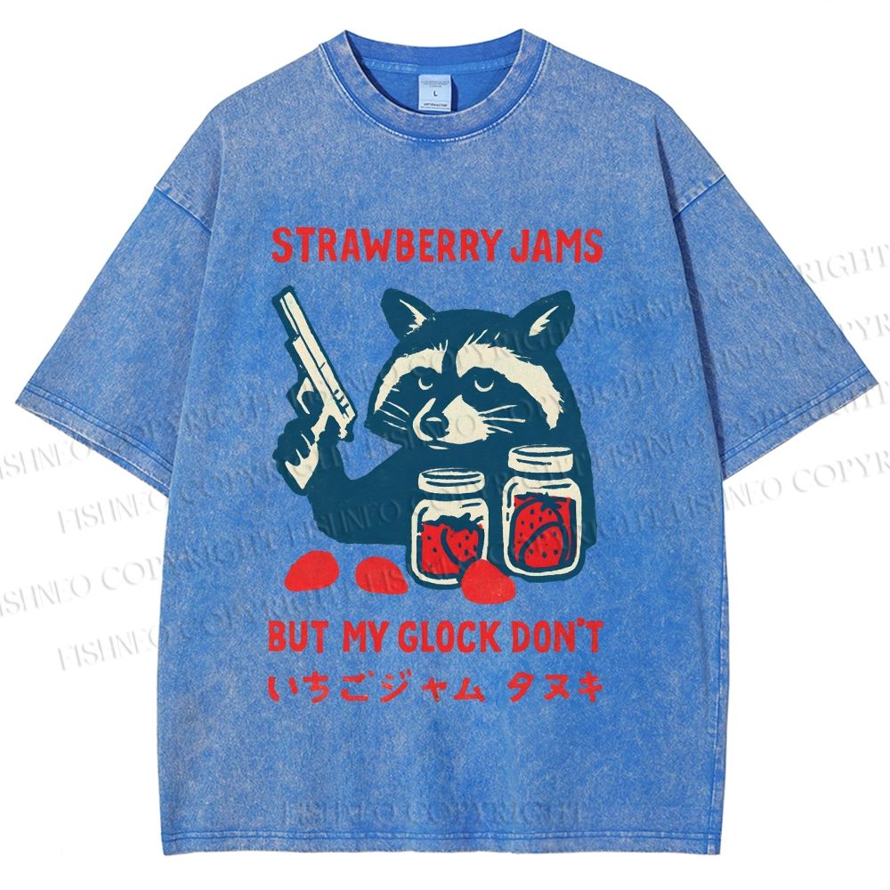 Unisex Strawberry Jams But My Glock Dont Trash Raccoon Printed Washed Tee