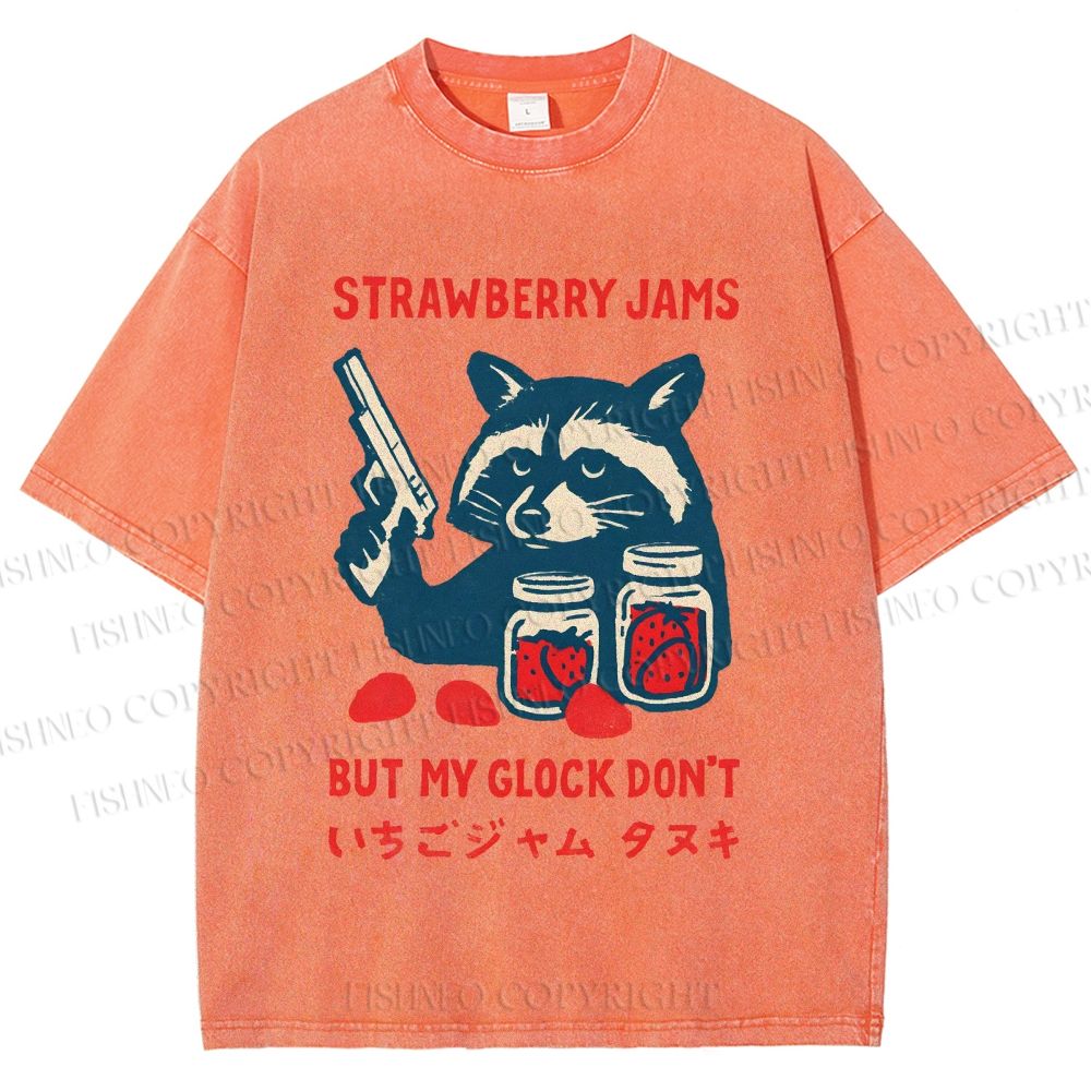 Unisex Strawberry Jams But My Glock Dont Trash Raccoon Printed Washed Tee