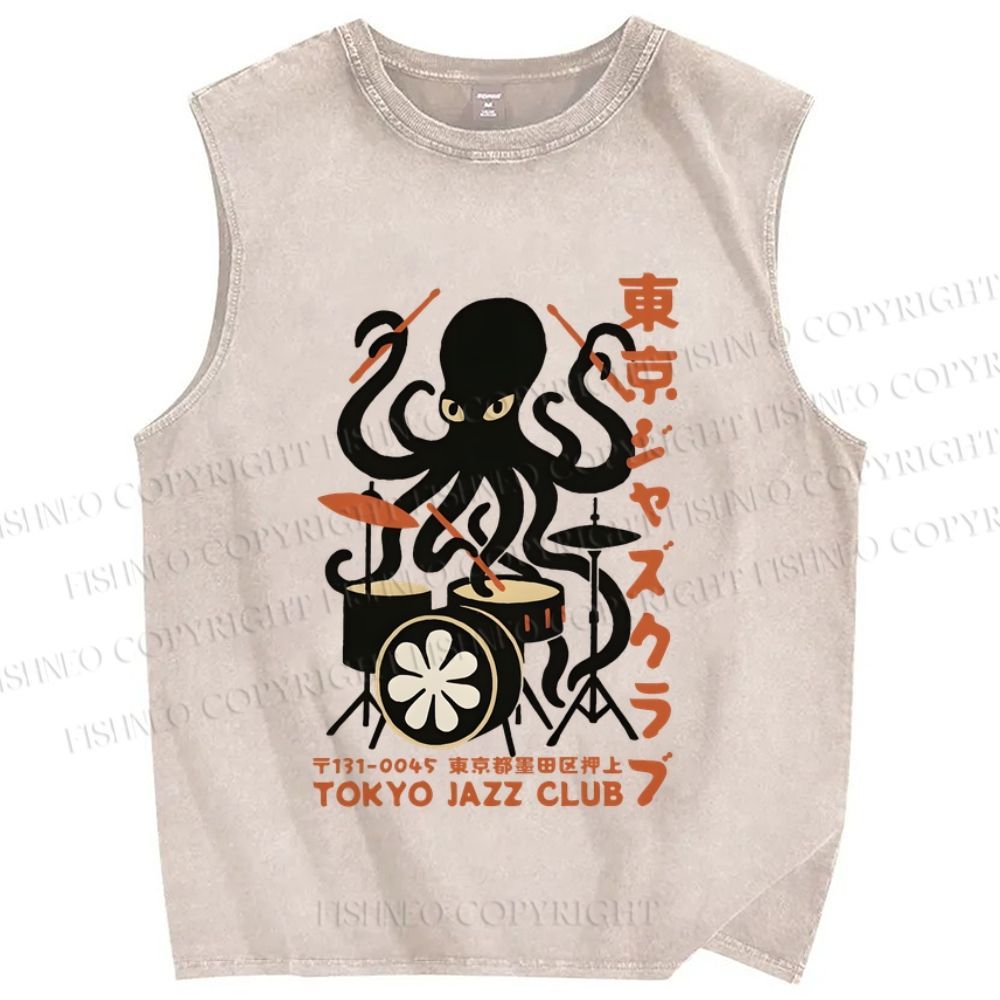Unisex Octopus Tokyo Jazz Club Printed Washed Tank Top