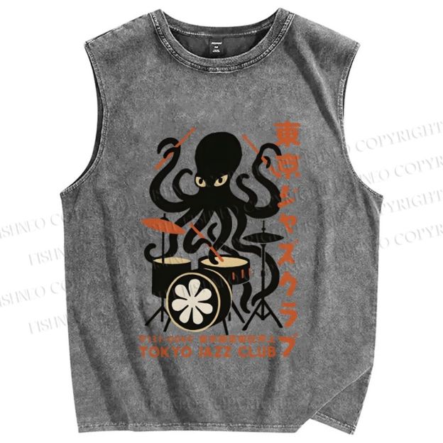 Unisex Octopus Tokyo Jazz Club Printed Washed Tank Top