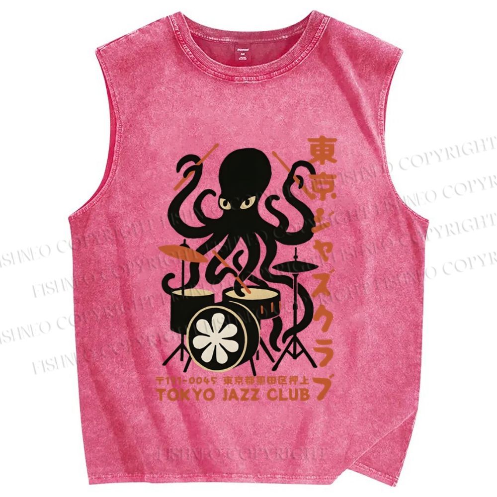 Unisex Octopus Tokyo Jazz Club Printed Washed Tank Top