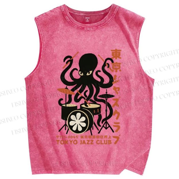 Unisex Octopus Tokyo Jazz Club Printed Washed Tank Top