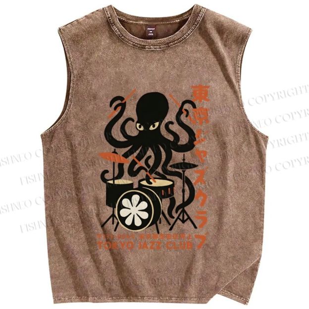 Unisex Octopus Tokyo Jazz Club Printed Washed Tank Top