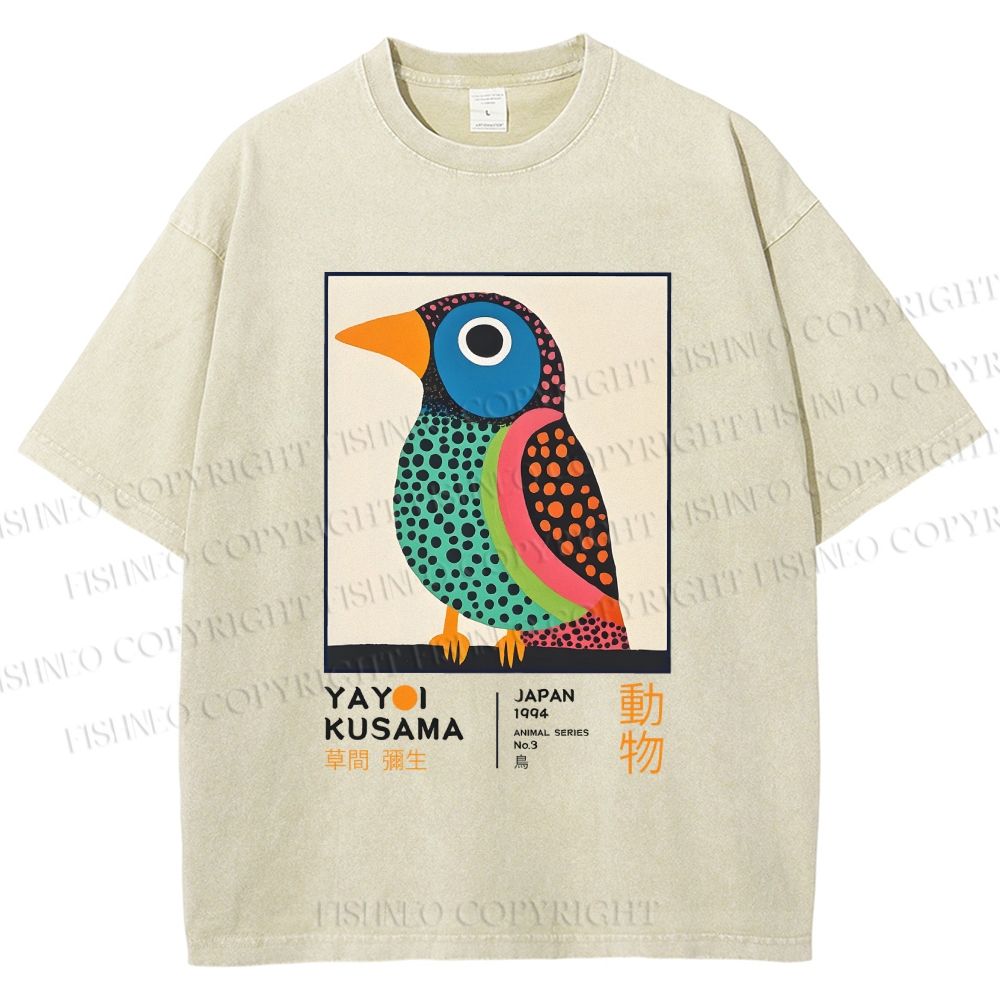 Unisex Yayoi Kusama Colorful Polka-dot Bird Printed Washed Tee