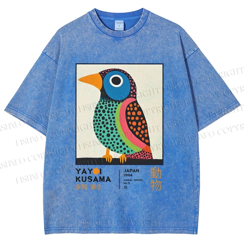 Unisex Yayoi Kusama Colorful Polka-dot Bird Printed Washed Tee