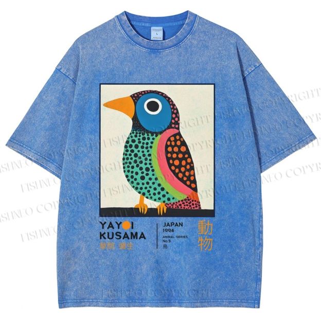 Unisex Yayoi Kusama Colorful Polka-dot Bird Printed Washed Tee