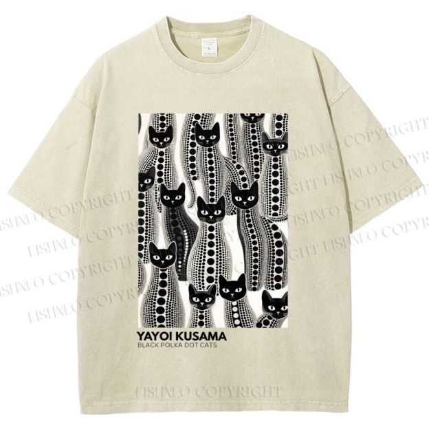 Unisex Yayoi Kusama Polka Dot Cat Printed Washed Tee
