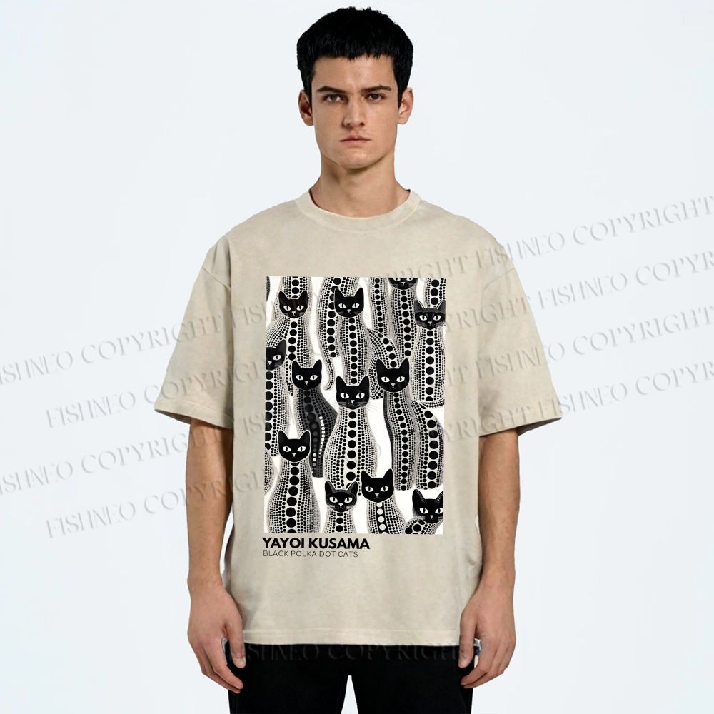 Unisex Yayoi Kusama Polka Dot Cat Printed Washed Tee