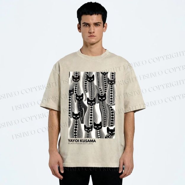 Unisex Yayoi Kusama Polka Dot Cat Printed Washed Tee