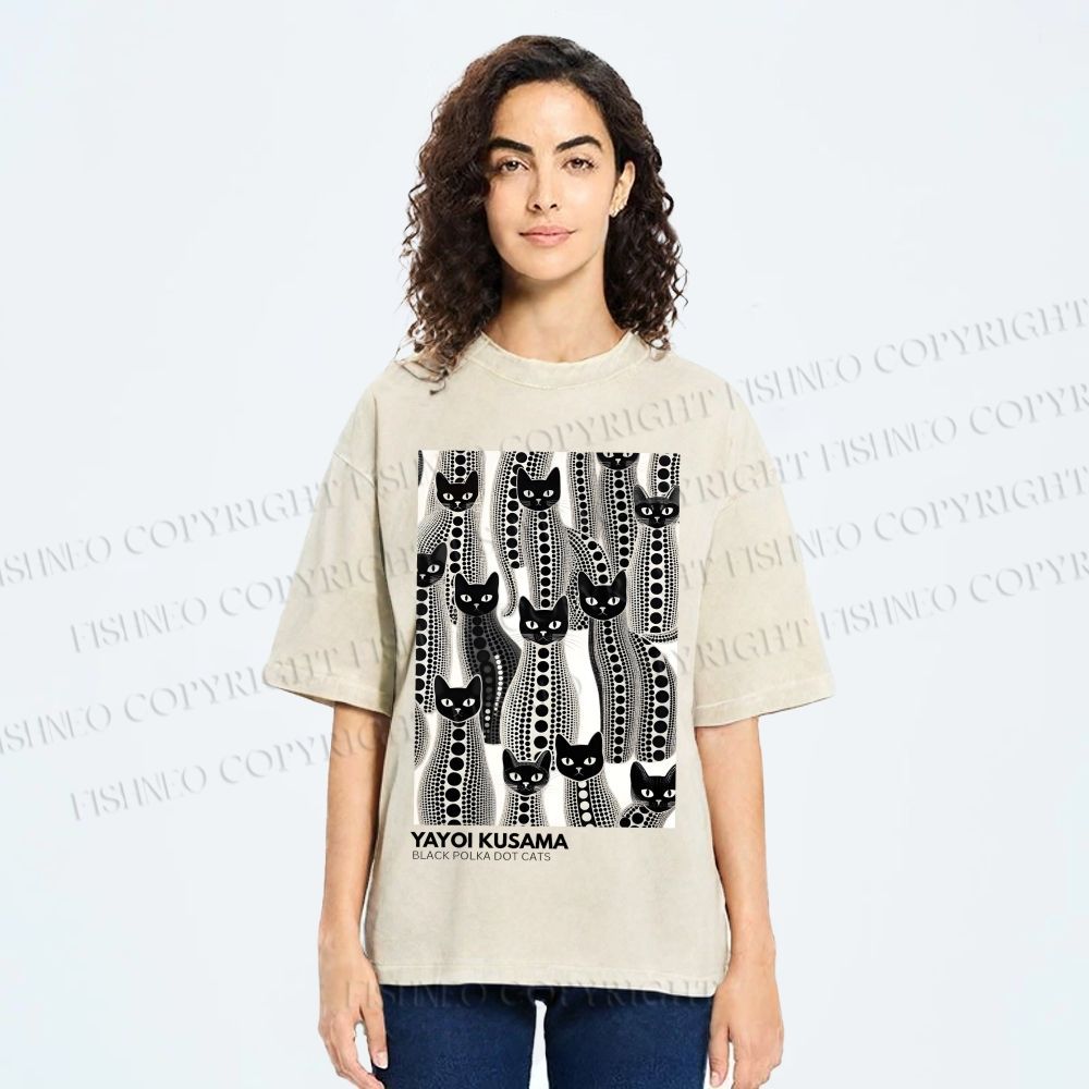 Unisex Yayoi Kusama Polka Dot Cat Printed Washed Tee
