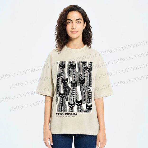 Unisex Yayoi Kusama Polka Dot Cat Printed Washed Tee
