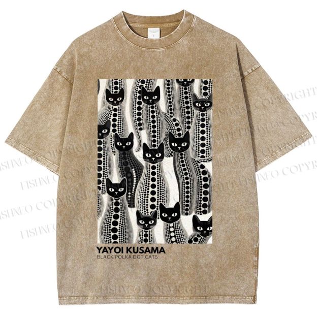 Unisex Yayoi Kusama Polka Dot Cat Printed Washed Tee