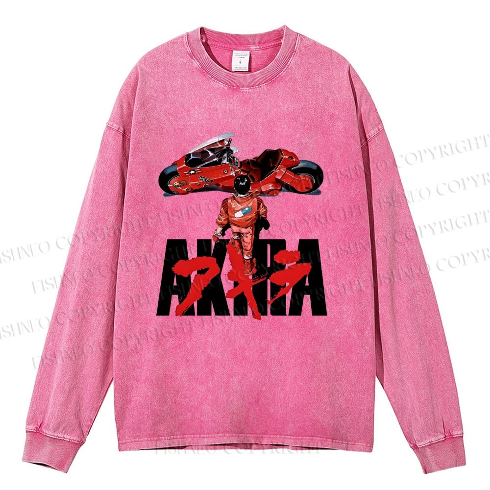 Unisex Casual Washed Akira Printed Long Sleeve T-shirt