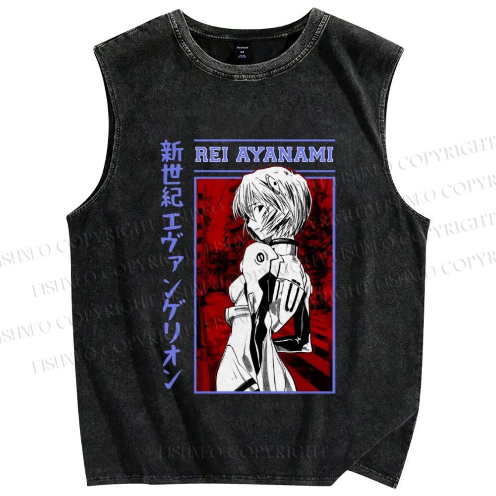 Unisex Neon Genesis Evangelion Rei Ayanami Printed Washed Tank Top