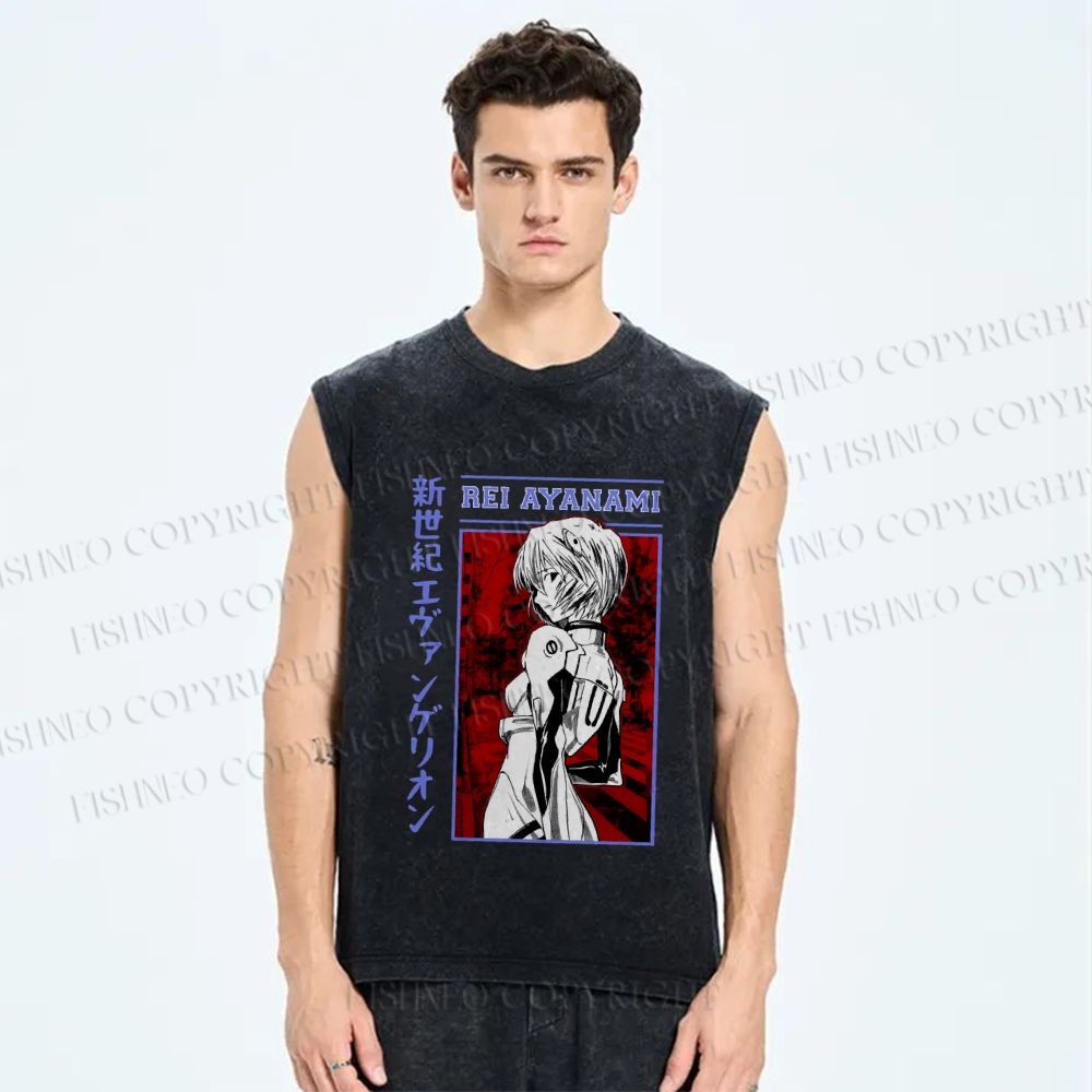 Unisex Neon Genesis Evangelion Rei Ayanami Printed Washed Tank Top