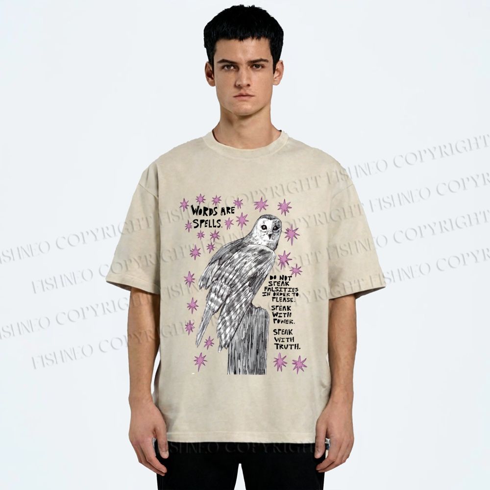 Unisex Owl Words Are Spells Printed Washed Tee