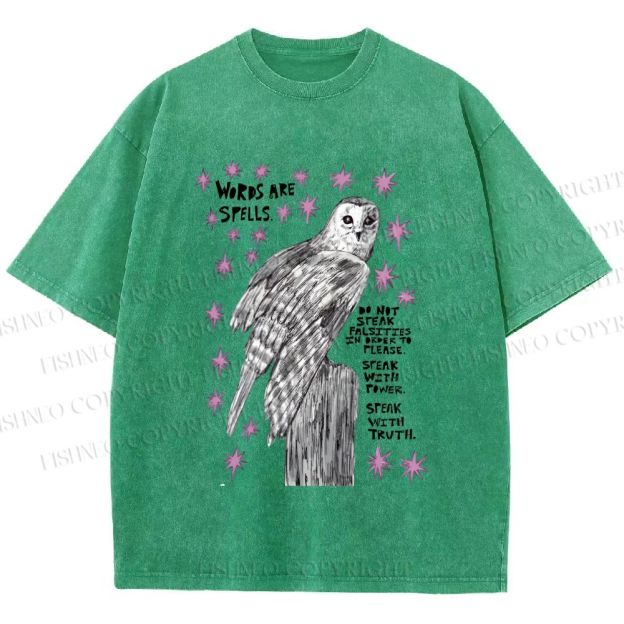 Unisex Owl Words Are Spells Printed Washed Tee