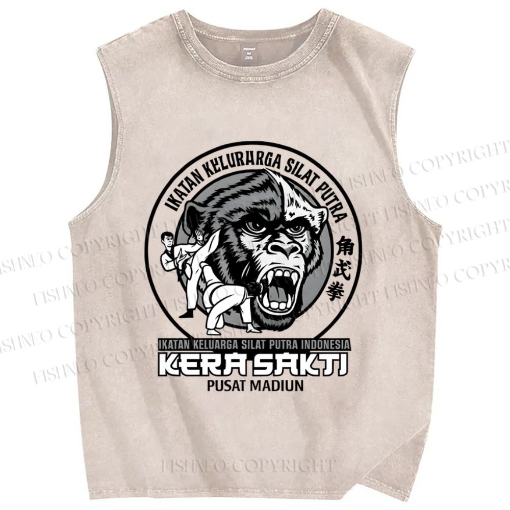 Unisex Kung Fu Monkey Printed Washed Tank Top