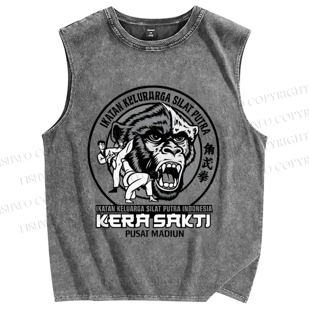 Unisex Kung Fu Monkey Printed Washed Tank Top