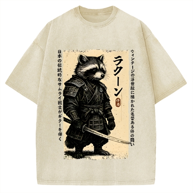 Unisex Raccoon Japanese Samurai Printed Washed Tee