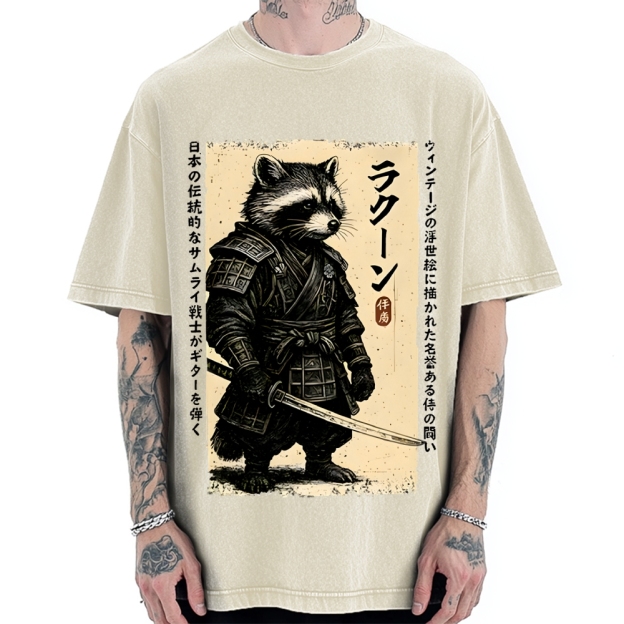 Unisex Raccoon Japanese Samurai Printed Washed Tee