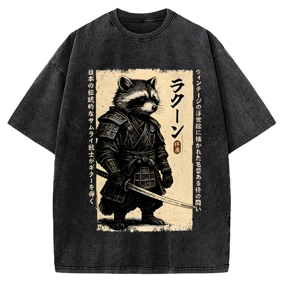 Unisex Raccoon Japanese Samurai Printed Washed Tee