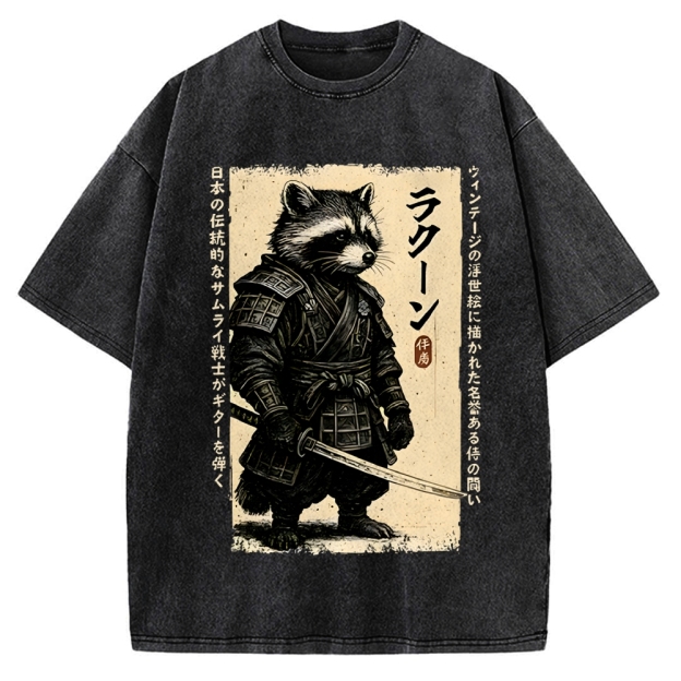 Unisex Raccoon Japanese Samurai Printed Washed Tee