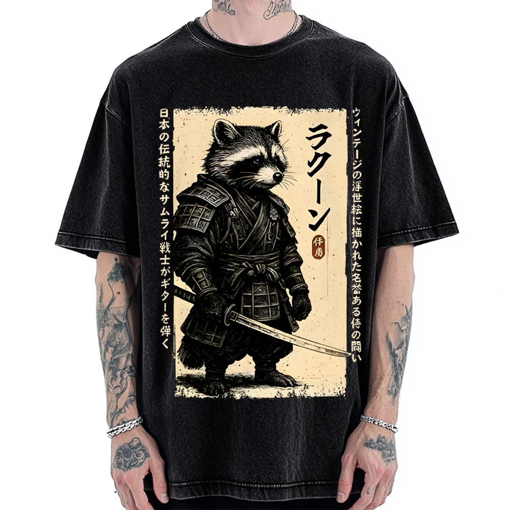 Unisex Raccoon Japanese Samurai Printed Washed Tee