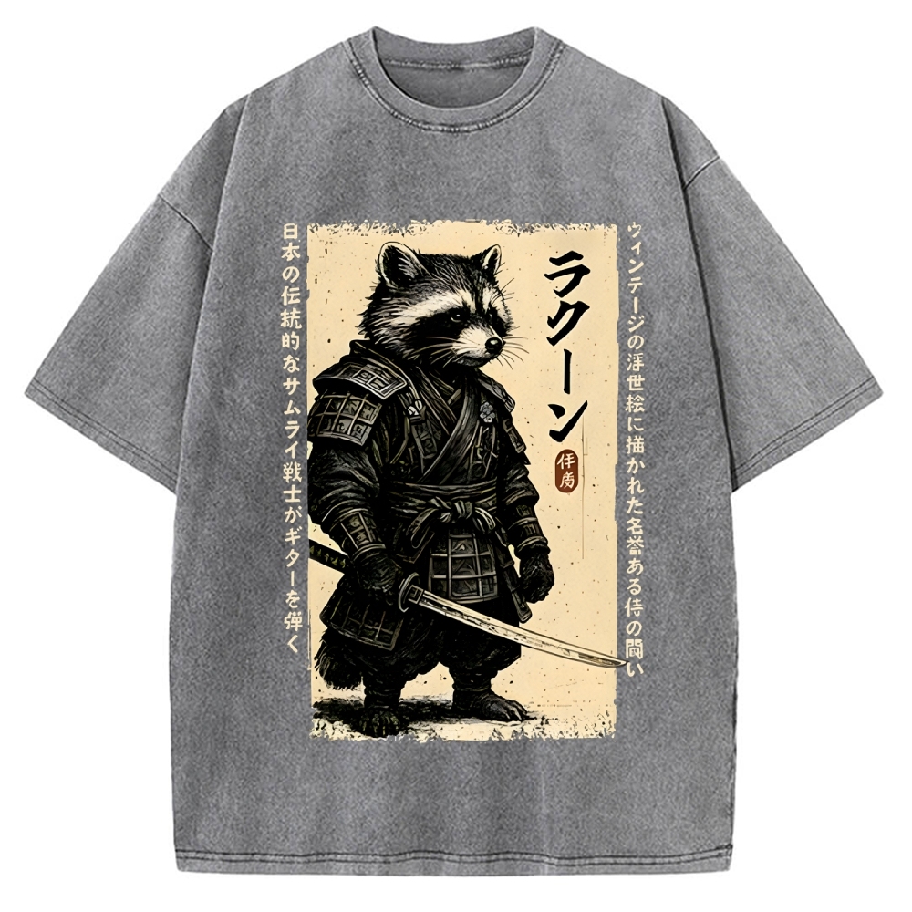 Unisex Raccoon Japanese Samurai Printed Washed Tee